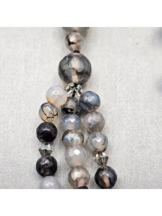 Multi-Strand Dragon Vein Agate Beaded Necklace 16" 925 Silver Clasp Undyed - Picture 6 of 13